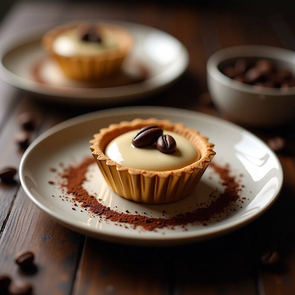 Tartaleta individual de café y mascarpone en molde metálico dorado, con base crujiente de galleta, crema sedosa color beige y dos granos de café tostados como decoración, sobre fondo oscuro de madera.