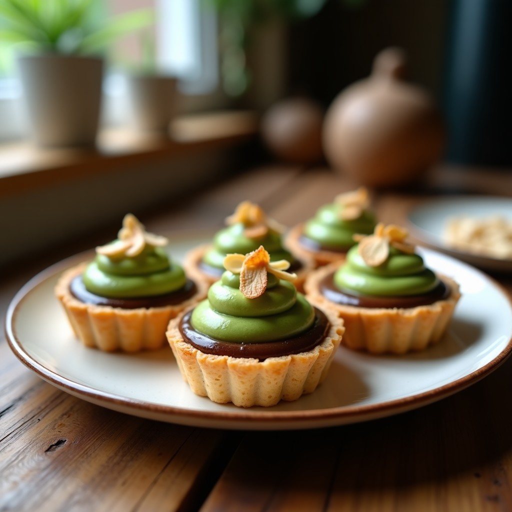 Tartaletas de café y matcha servidas en moldes individuales sobre una mesa de madera, con almendras tostadas espolvoreadas y un fondo difuminado que resalta su textura cremosa y base crujiente.