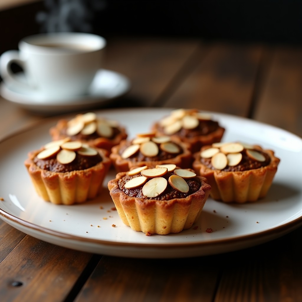 Tartaletas doradas de café y miel con almendras fileteadas, horneadas en airfryer, servidas en plato blanco rústico con fondo de madera oscura.