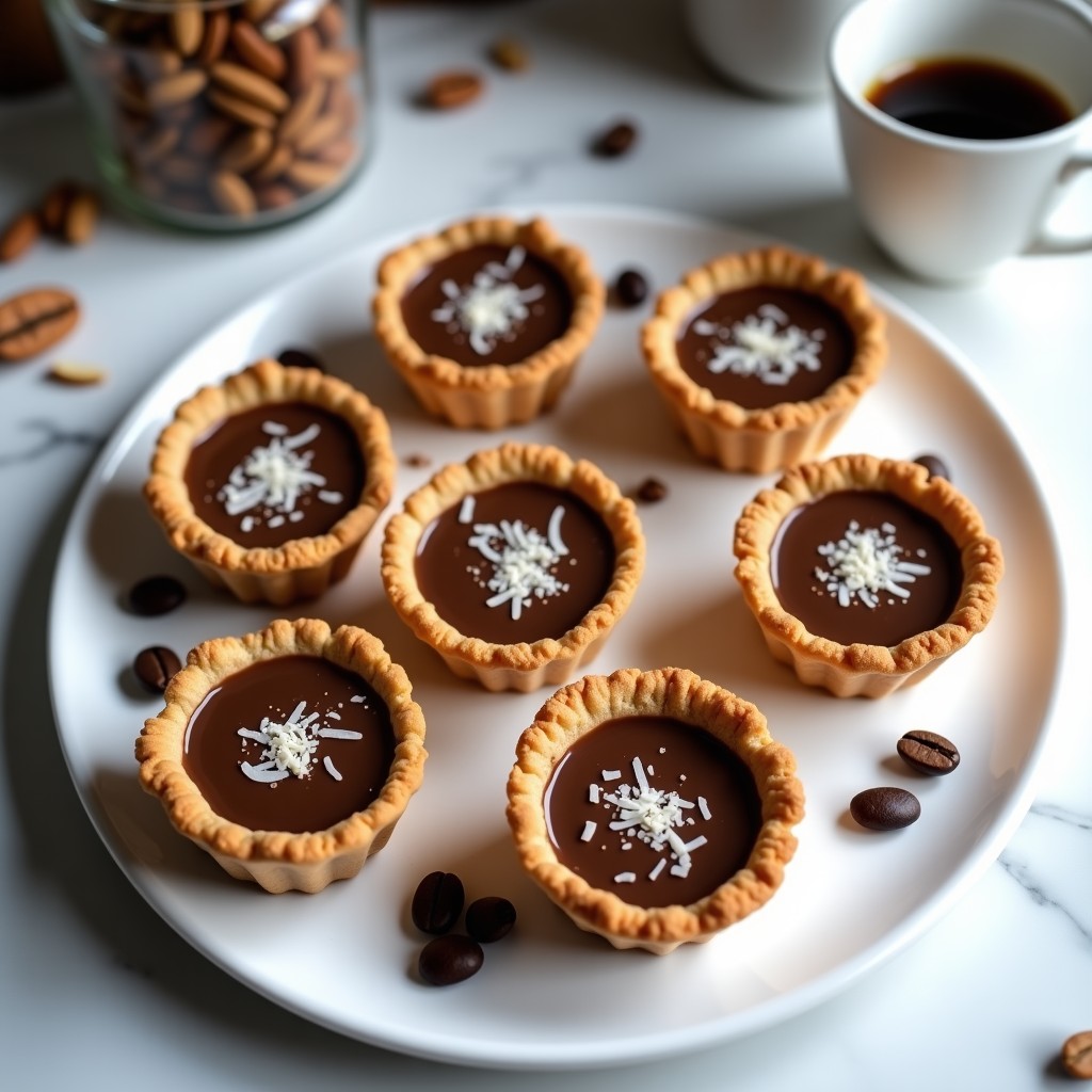 Tartaletas de café moca proteicas sin horno, con base crujiente de almendras y dátiles, rellenas de crema de café y cacao, decoradas con coco rallado.
