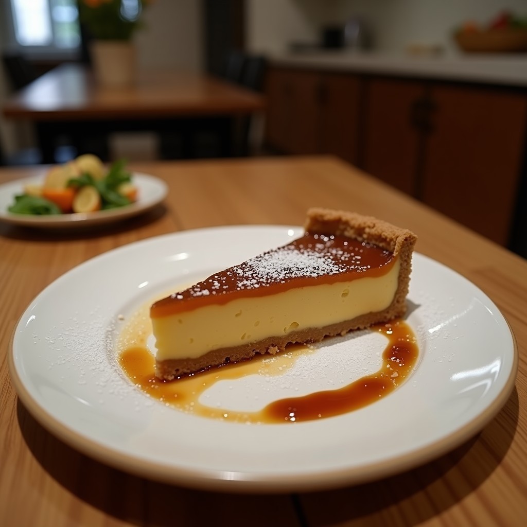 Tartaleta de café moca sin azúcar sobre plato blanco, con base crujiente de almendras, relleno cremoso de color marrón oscuro y decoración de crema de coco y cacao en polvo.