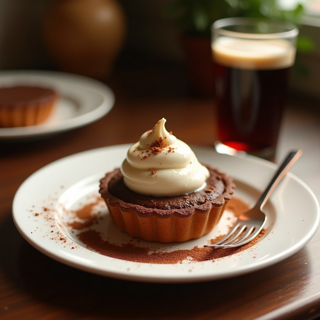 Tartaletas de café mocha sin horno servidas en moldes dorados, con base crujiente de galleta, capa de chocolate negro brillante y crema de coco batida espolvoreada con cacao y almendras fileteadas.