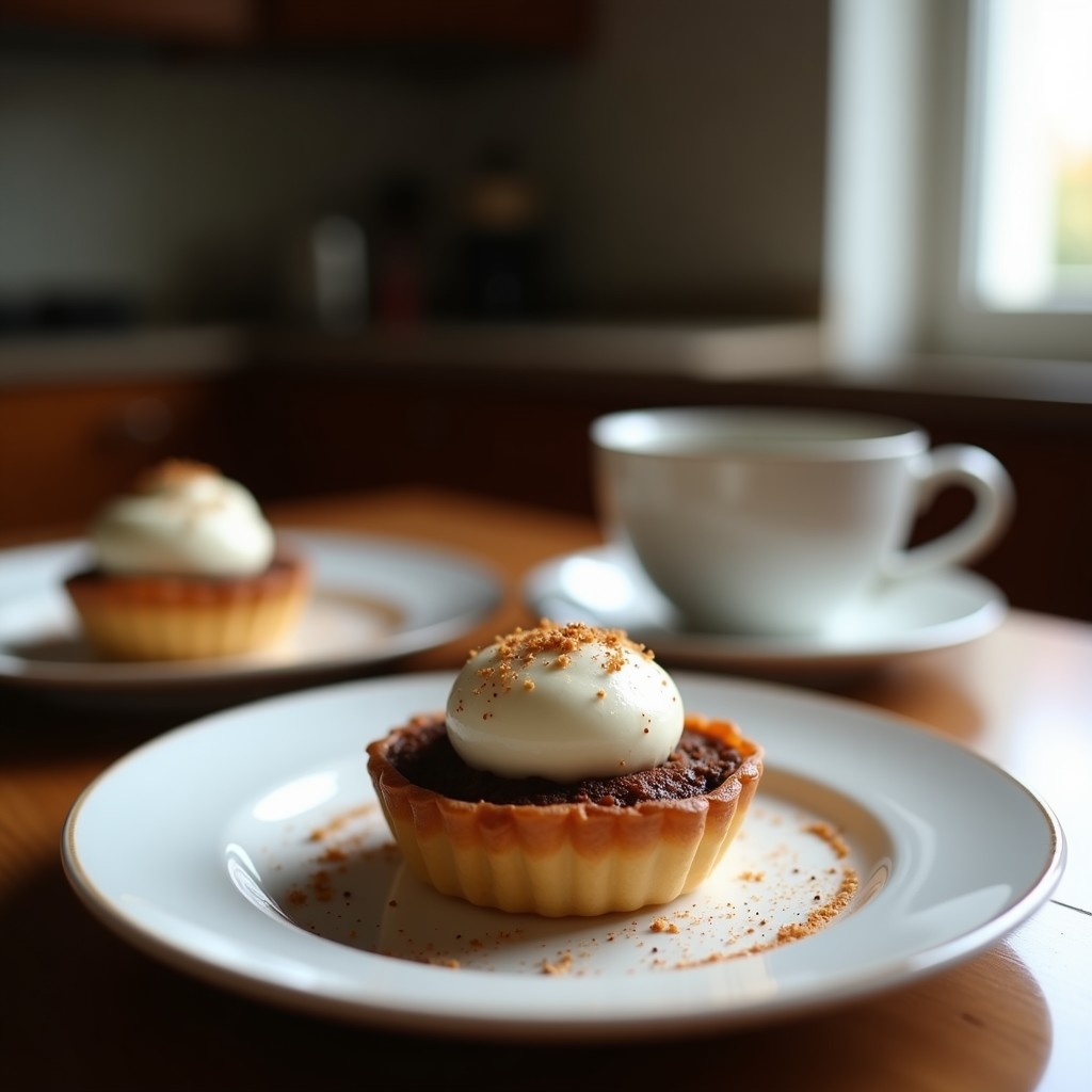 Tartaletas de café moka con base de galleta Digestive crujiente, crema de mascarpone esponjosa y decoración de virutas de chocolate negro y hilo de espresso, servidas en moldes individuales sobre una mesa de madera rústica.