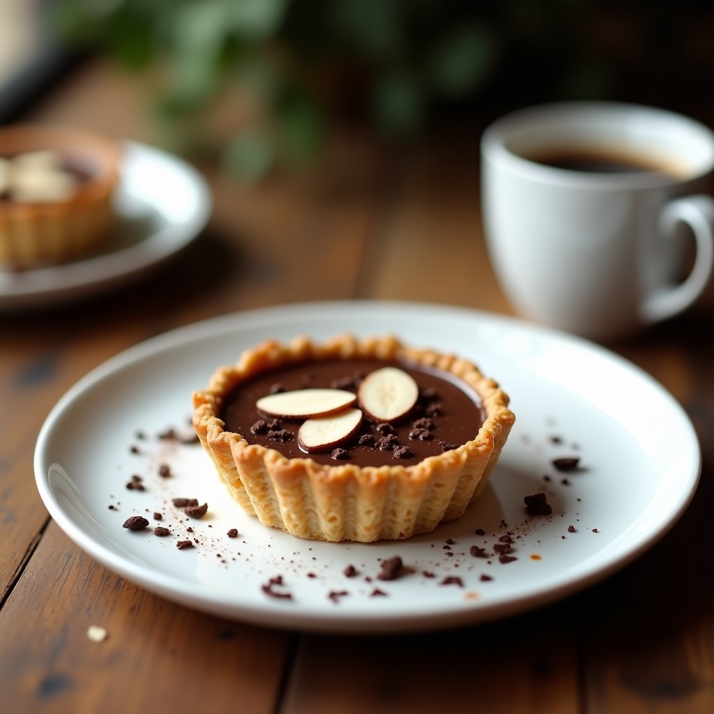 Tartaleta de café moka proteica en molde individual, con base dorada de avena y crema suave de café, decorada con almendras fileteadas y virutas de chocolate.