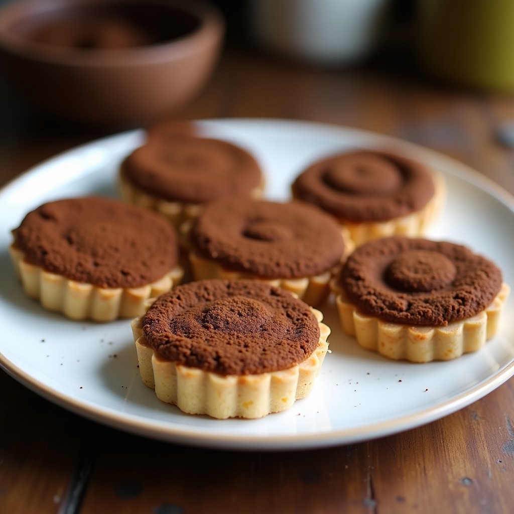 Tartaletas de café moka en moldes individuales: base de galleta oscura, crema de mascarpone y café en capas, y topping brillante de chocolate negro. Postre elegante en Thermomix.