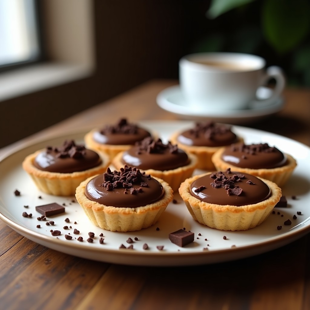 Tartaletas veganas de café moka en moldes individuales, con base de galletas de avena y crema sedosa de cacao y café, decoradas con virutas de chocolate negro sobre fondo rústico de madera.