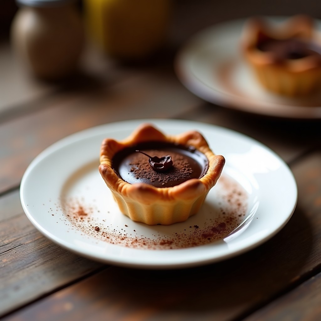 Tartaleta de café mole en plato blanco con base dorada de almendras y relleno cremoso oscuro, espolvoreada con café mole en polvo y decorada con virutas de chocolate, sobre fondo rústico de madera.
