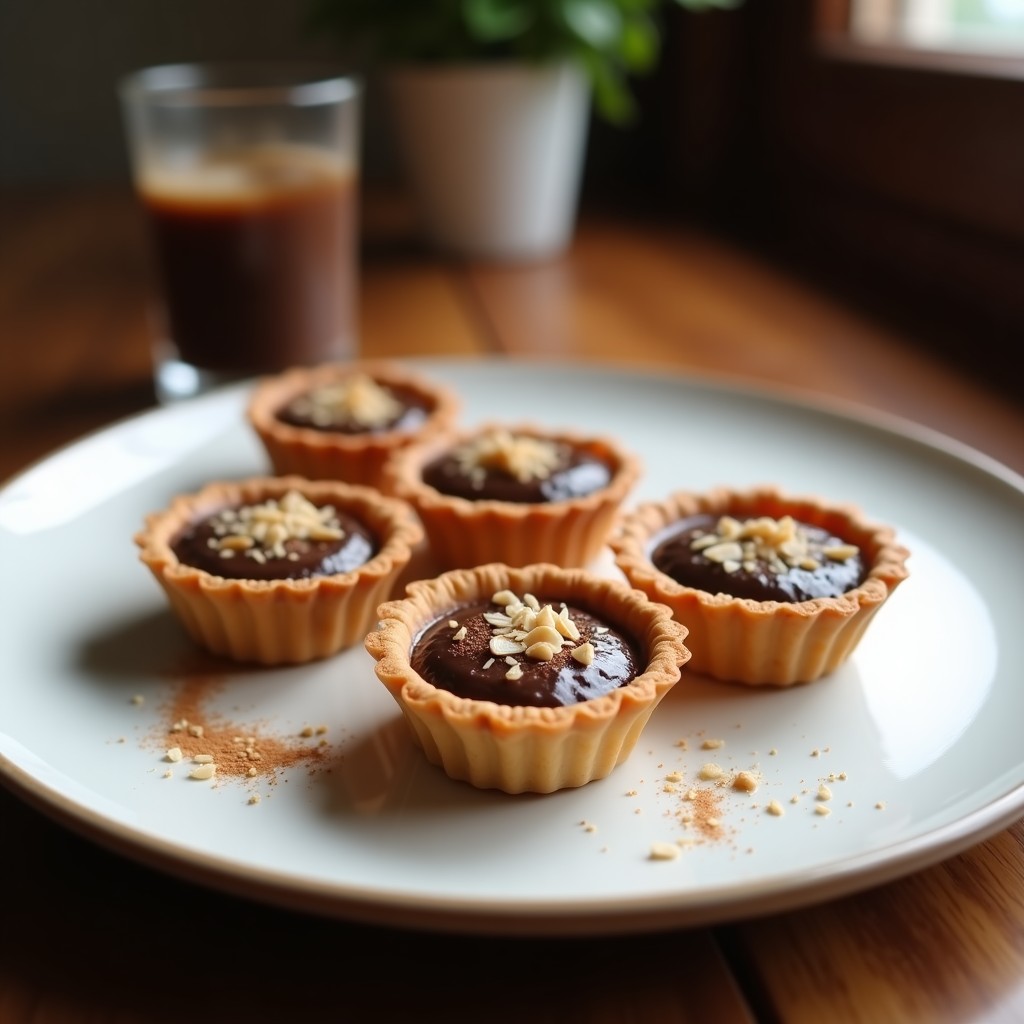 Tartaleta individual con base oscura de almendras y dátiles, rellena de chía pudding de café mole, decorada con cacao en polvo y almendras fileteadas.