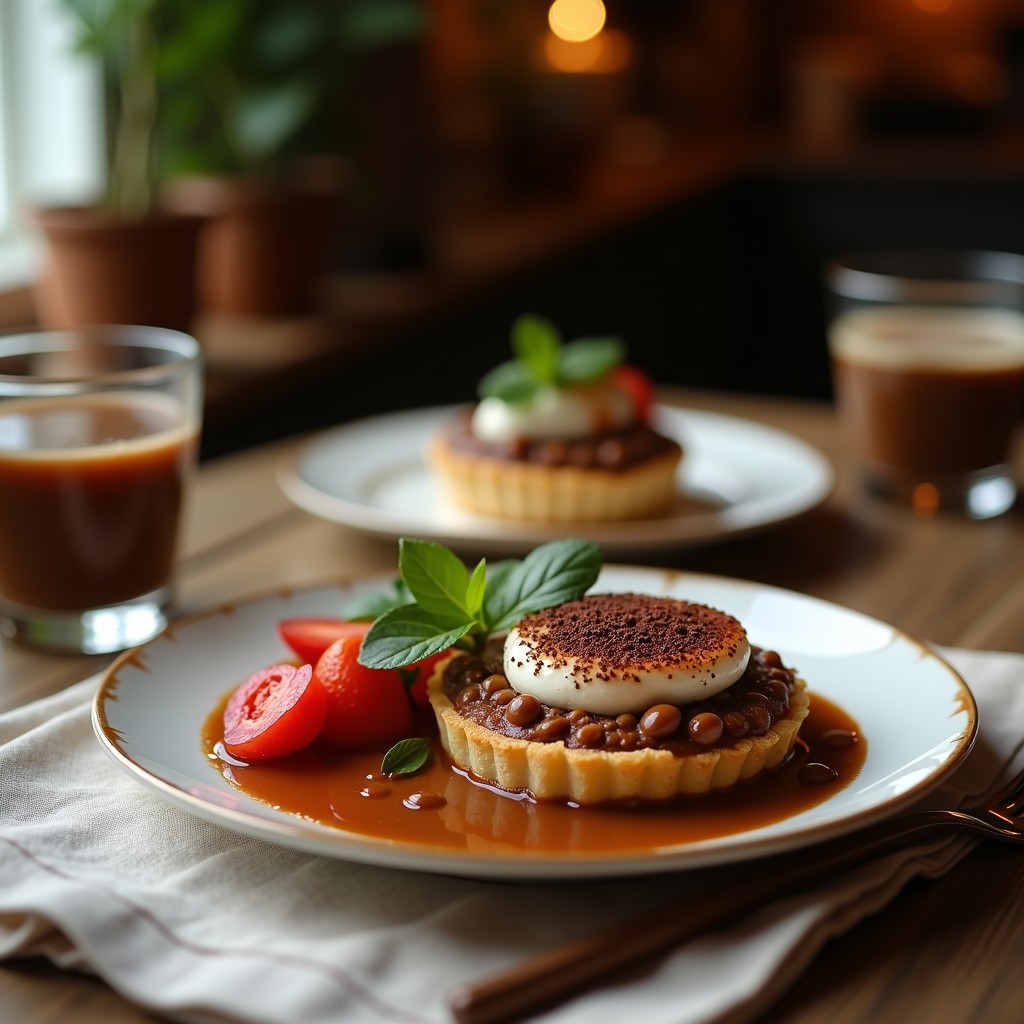 Tartaletas veganas de café mole negro en moldes individuales, con base crujiente de galleta y relleno cremoso oscuro, decoradas con almendras fileteadas y polvo de cacao, servidas en un plato de pizarra.