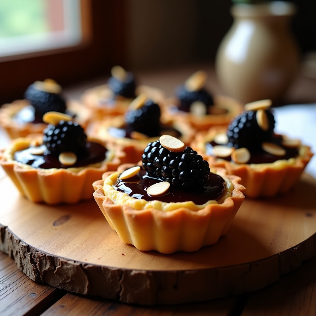 Tartaletas doradas en moldes individuales con relleno oscuro de café y moras brillantes, decoradas con almendras fileteadas y un toque de mermelada de mora, receta umami en airfryer.