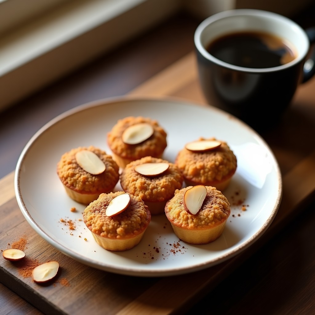 Tartaletas doradas de café y nuez moscada en airfryer, con almendras fileteadas en la superficie, servidas en plato blanco sobre fondo rústico.