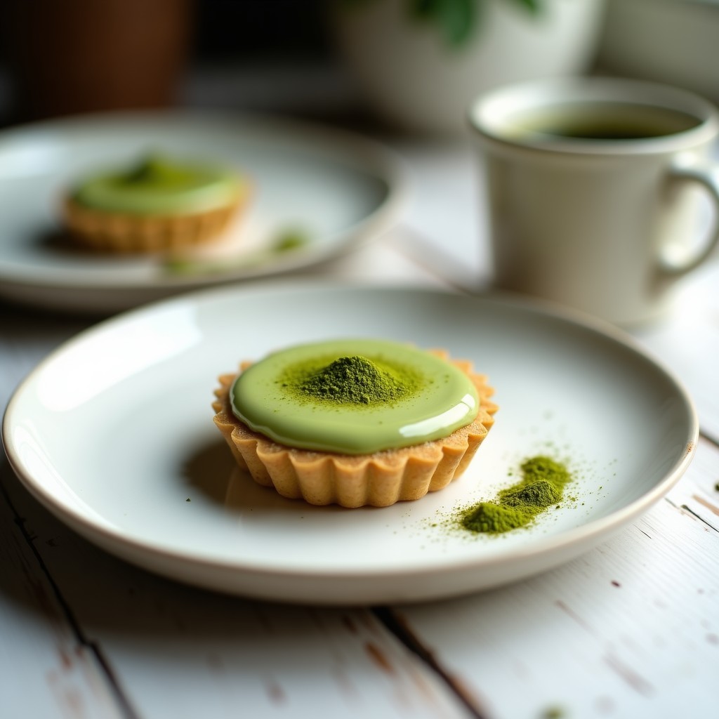 Tartaleta individual de café proteico con matcha, base crujiente de almendra y relleno cremoso verde claro, decorada con matcha en polvo espolvoreado sobre fondo blanco rústico.