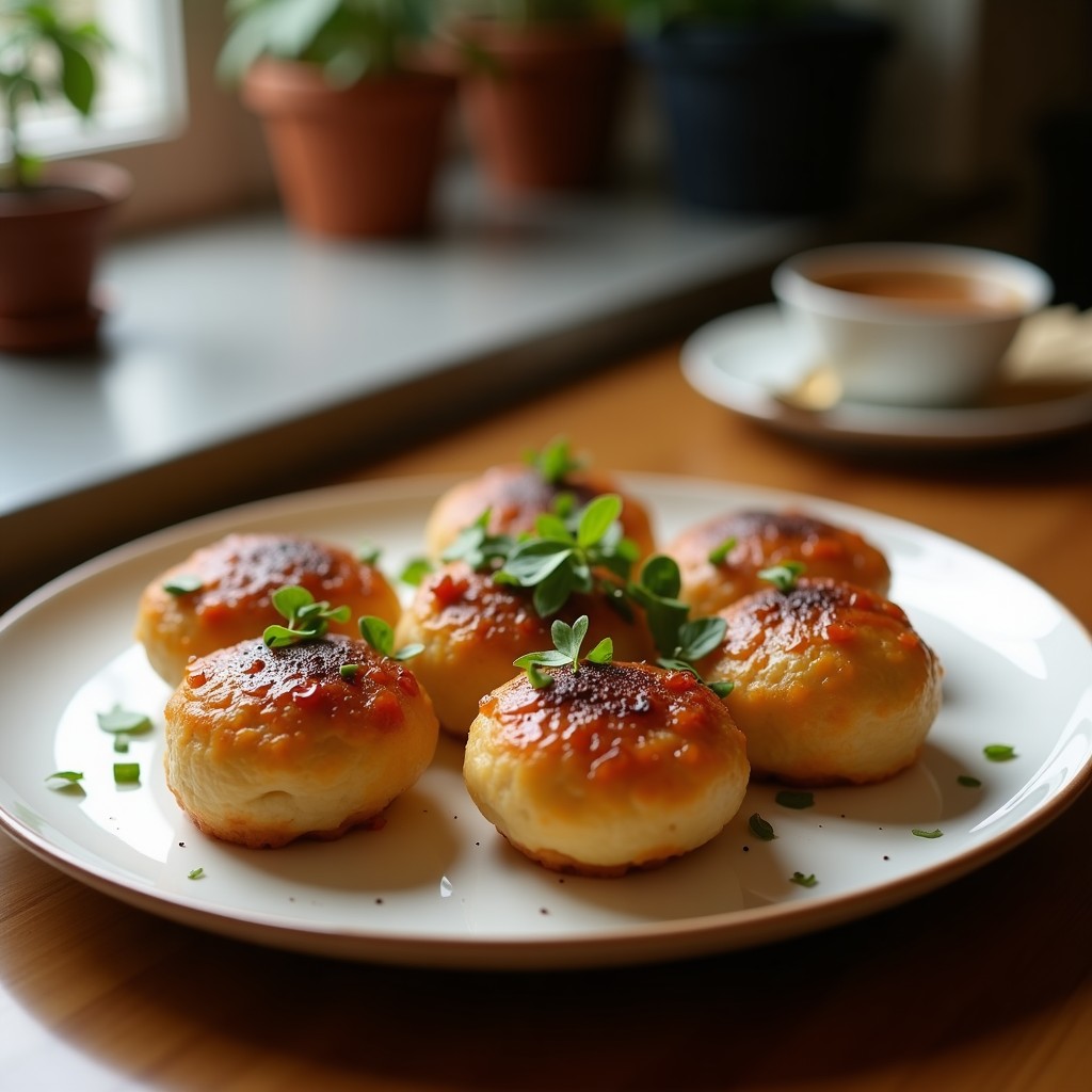 Tartaletas veganas de café y tofu ahumado en molde de silicona, con base de avena y almendras, decoradas con cacao nibs sobre un plato negro.