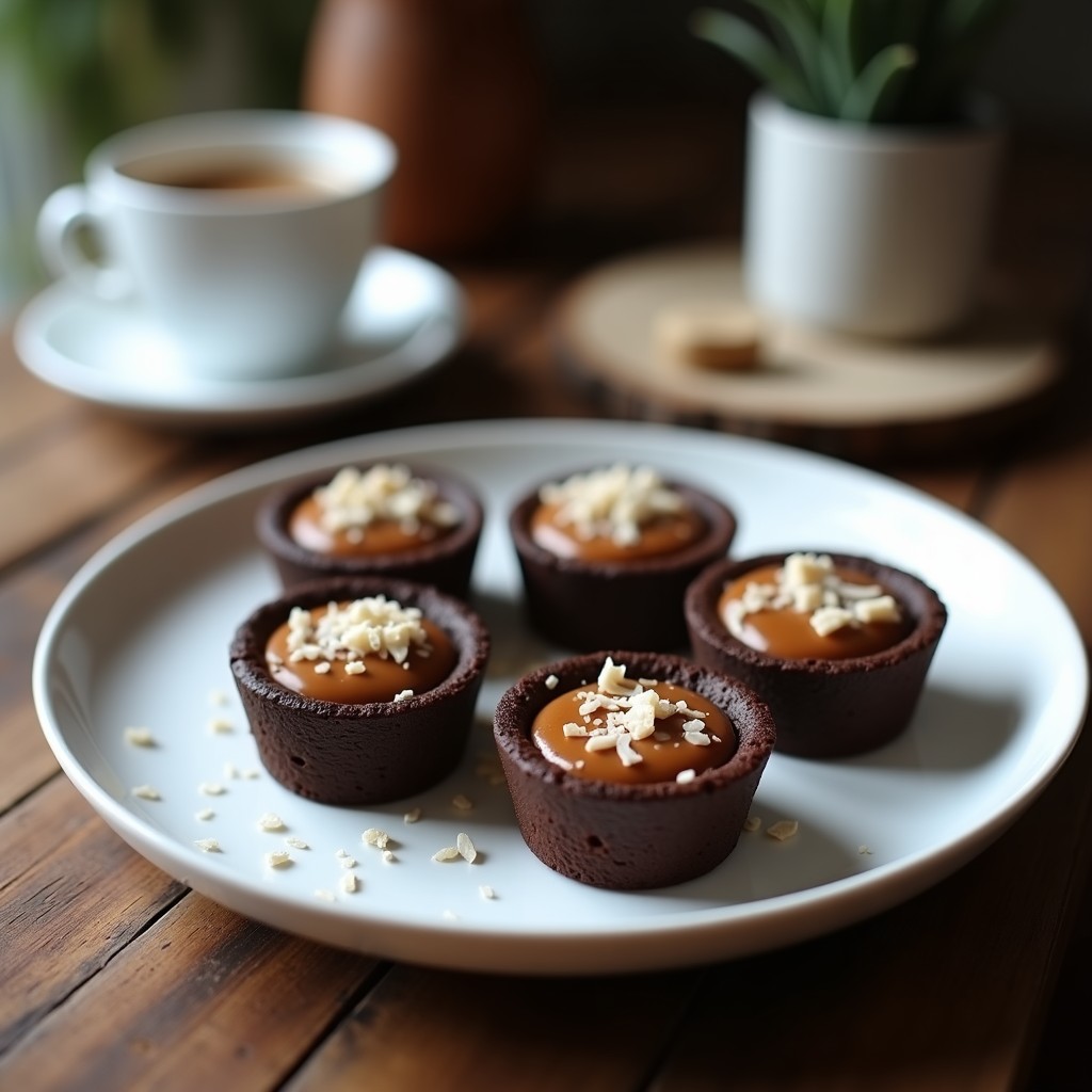 Tartaletas veganas de café y tofu ahumado en moldes individuales, con base de almendras oscuras y crema sedosa espolvoreada con coco rallado, servidas en plato de cerámica blanca.