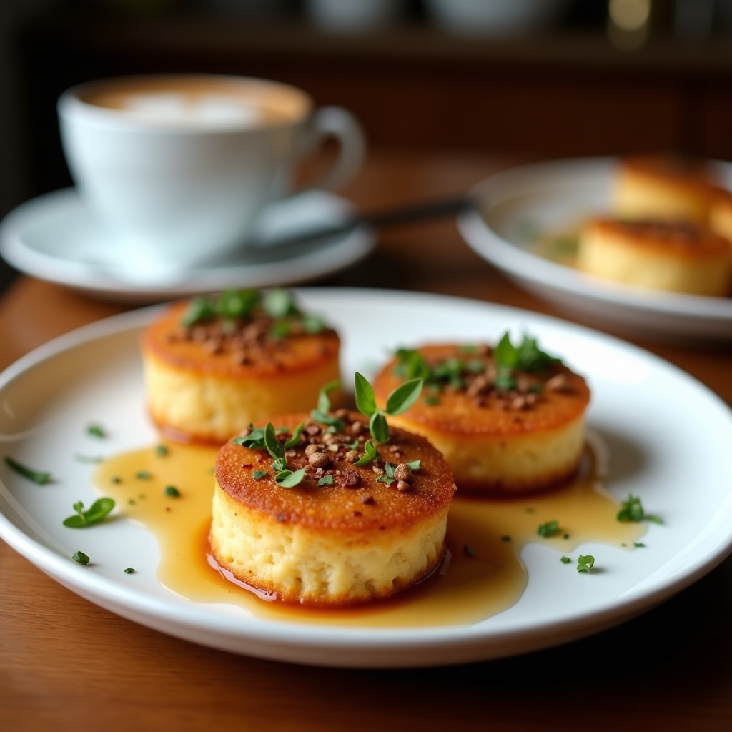 Tartaletas veganas de café y tofu sedoso en moldes individuales, con base de galleta de avena y decoradas con almendras fileteadas y cacao en polvo, servidas en plato blanco sobre fondo rústico.