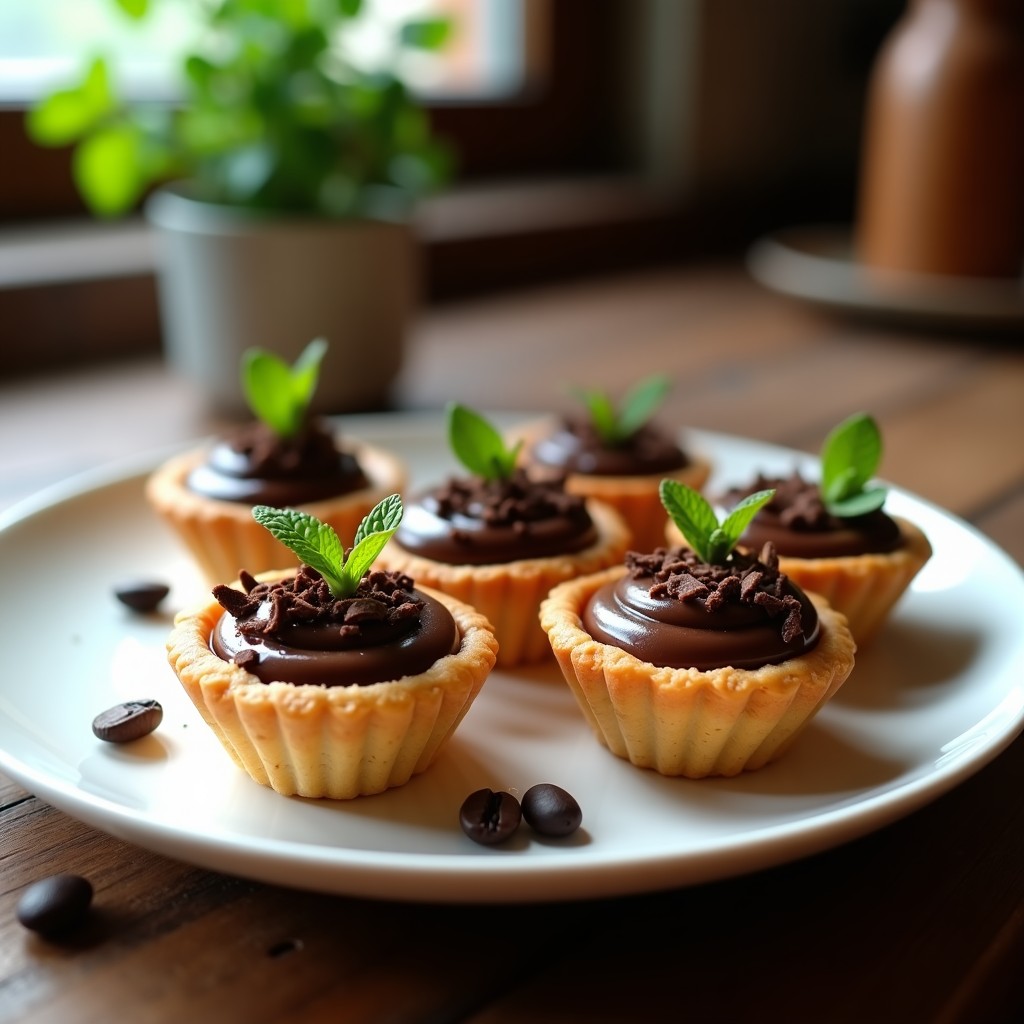 Tartaletas de café y trufa en airfryer, base dorada crujiente con relleno cremoso de chocolate, café y trufa, decoradas con virutas de chocolate sobre fondo rústico.