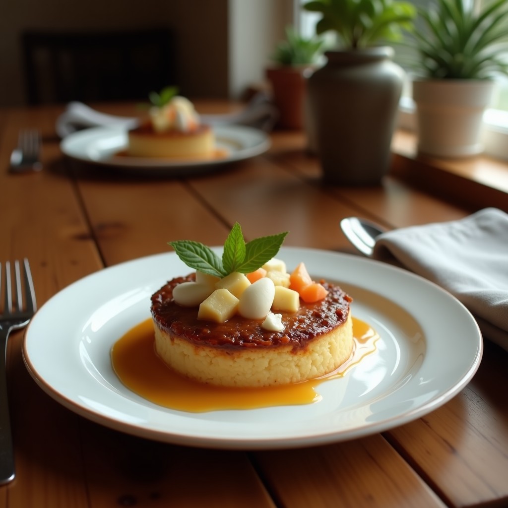 Tartaleta gourmet de café y trufa negra en plato blanco, con base dorada de harina de almendra y crema sedosa de chocolate. Decorada con virutas de trufa y cacao en polvo.