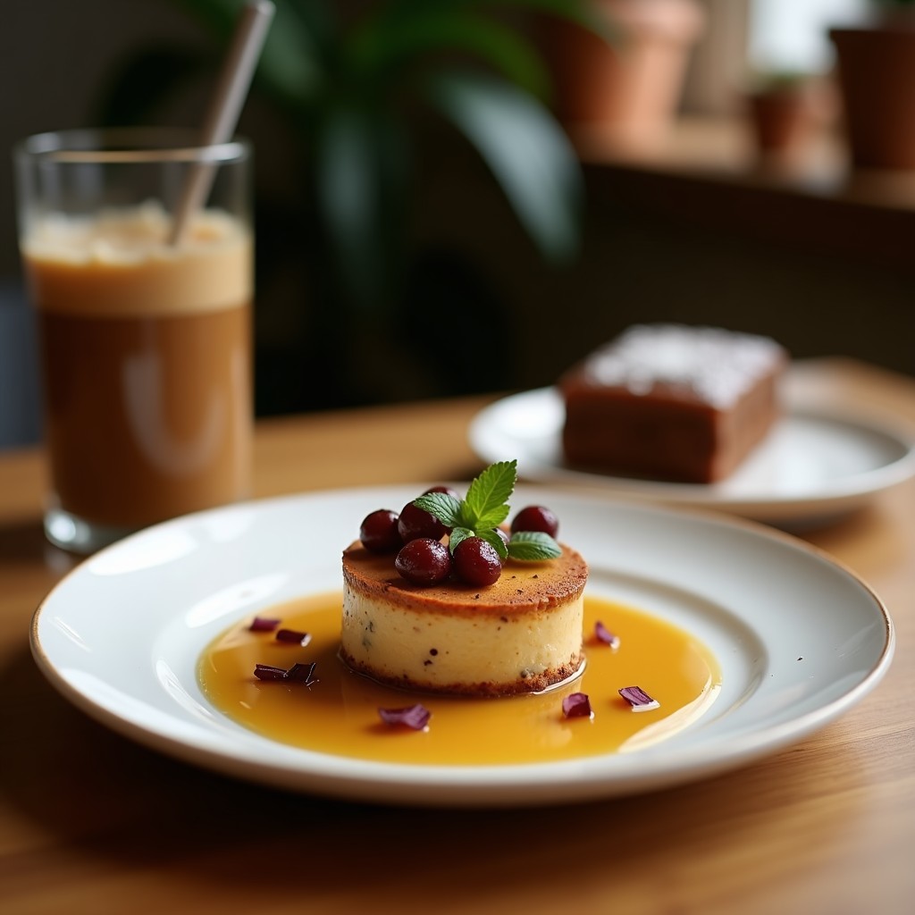 Tartaleta vegana de café y trufa con base crujiente de galletas y nueces, relleno cremoso oscuro y decoración de virutas de cacao sobre plato blanco.