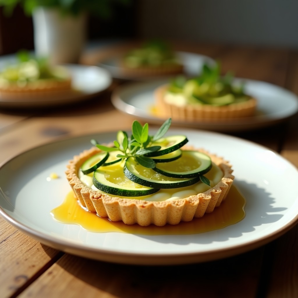 Tartaleta crudivegana gourmet con base dorada de almendras y sésamo, rellena de crema sedosa de queso de almendras, láminas de calabacín en espiral y un hilo de miel de tomillo, decorada con hojas frescas de tomillo sobre fondo rústico de madera.