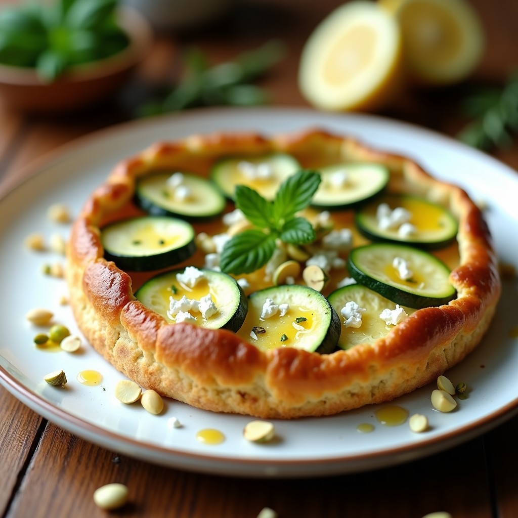 Tartaleta mediterránea sin horno con base dorada de avena y almendra, rellena de rodajas de calabacín marinado, queso de cabra desmenuzado, miel de romero y pistachos picados, decorada con hoja de menta.