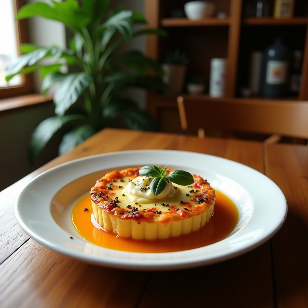 Tartaleta dorada de calabacín y queso de cabra sin gluten en molde redondo, con base crujiente de almendras, rodajas de calabacín superpuestas y queso de cabra desmenuzado gratinado. Acompañada de hojas verdes y un chorrito de aceite de oliva.