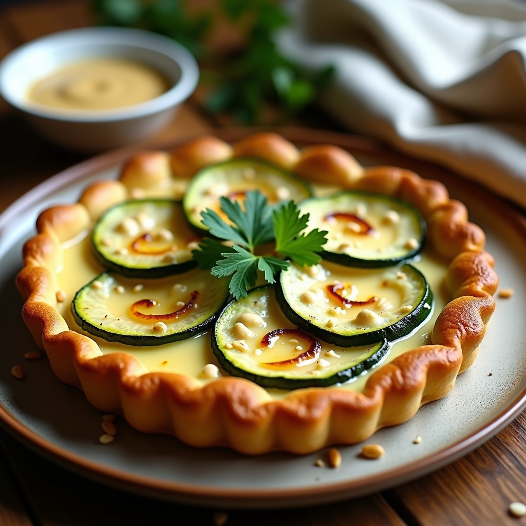 Tartaletas doradas de calabacín y queso de soja sobre un plato blanco, acompañadas de salsa de tahini cremosa y decoradas con semillas de sésamo y hojas de menta fresca. Receta vegana en airfryer.