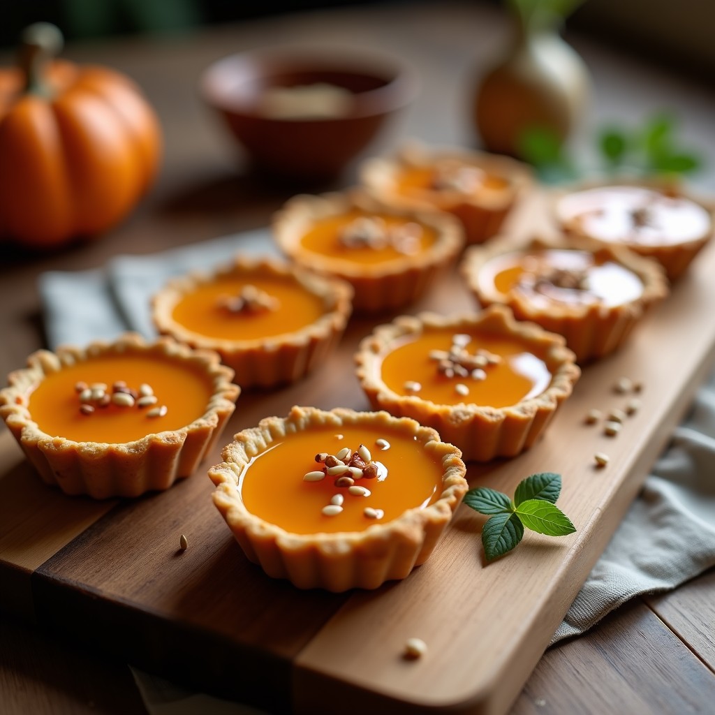 Tartaleta vegana en moldes individuales con base dorada de nueces y dátiles, relleno cremoso de color naranja de calabaza butternut y queso de anacardos, coronada con caramelo brillante de dátiles y semillas de sésamo tostadas. Postre vegano gourmet en Thermomix.