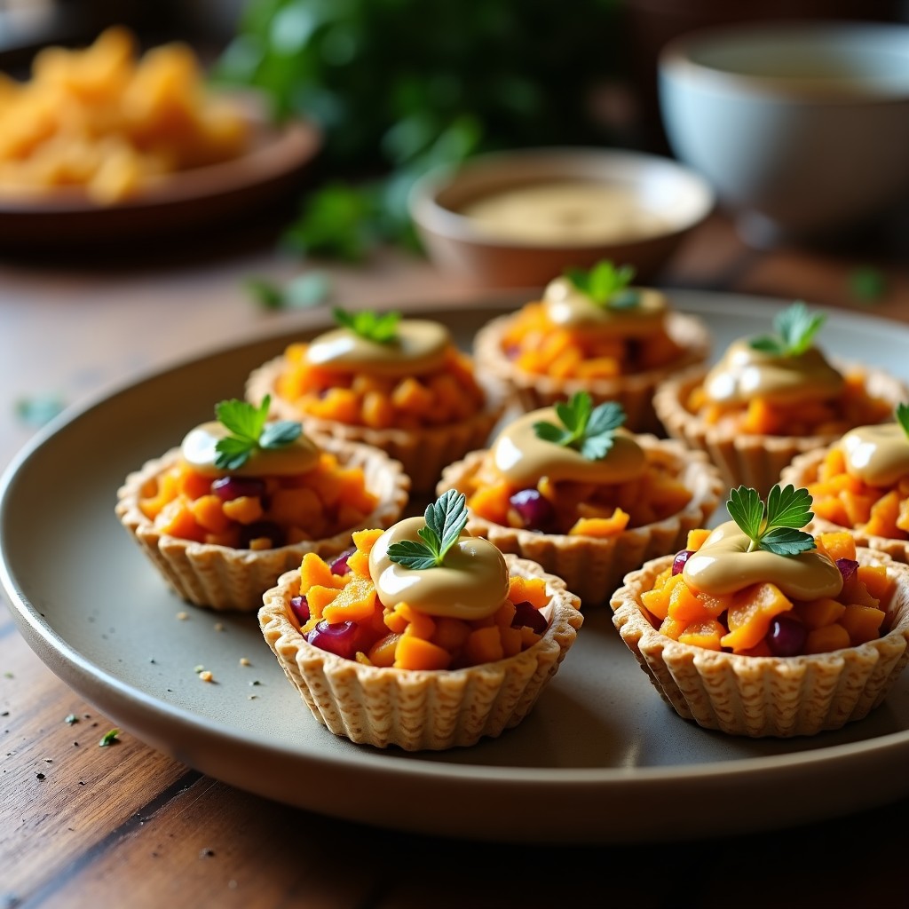 Tartaleta dorada de ceuta vegana rellena de camote amarillo asado, decorada con salsa de tahini cremosa y perejil fresco. Plato marroquí colorido y apetecible sobre fondo rústico.