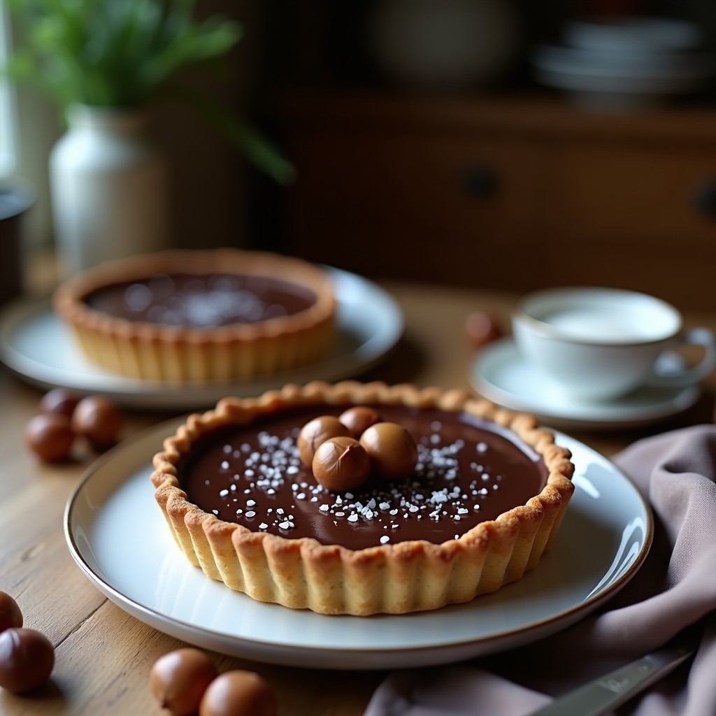 Tartaleta gourmet sin gluten con base dorada de castañas y almendras, rellena de chocolate negro brillante, decorada con escamas de sal marina sobre fondo rústico de madera.