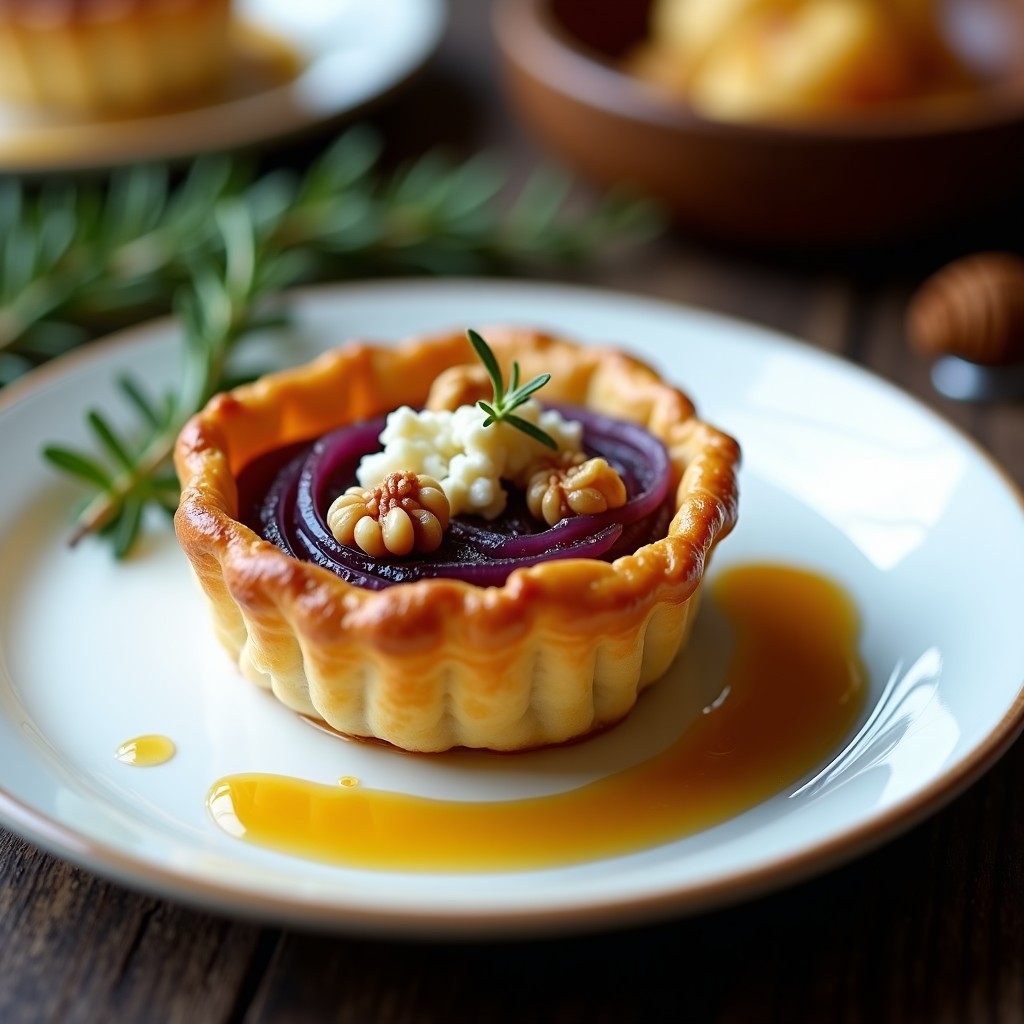 Tartaleta dorada con cebolla caramelizada melosa, queso cabrales desmenuzado y nueces tostadas, servida en plato de cerámica blanca sobre fondo rústico.