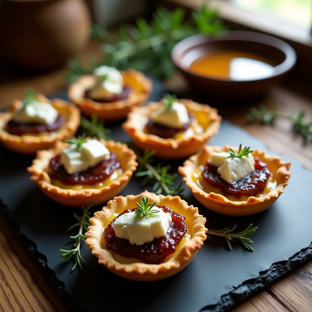 Tartaletas doradas de masa quebrada rellenas de cebolla caramelizada morada, queso de cabra desmenuzado y un hilo dorado de miel de romero sobre fondo rústico de madera.