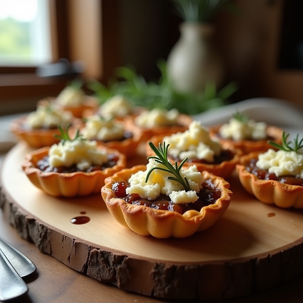 Tartaletas doradas en moldes individuales con cebolla caramelizada brillante y queso de cabra desmenuzado gratinado, servidas en bandeja de madera rústica.