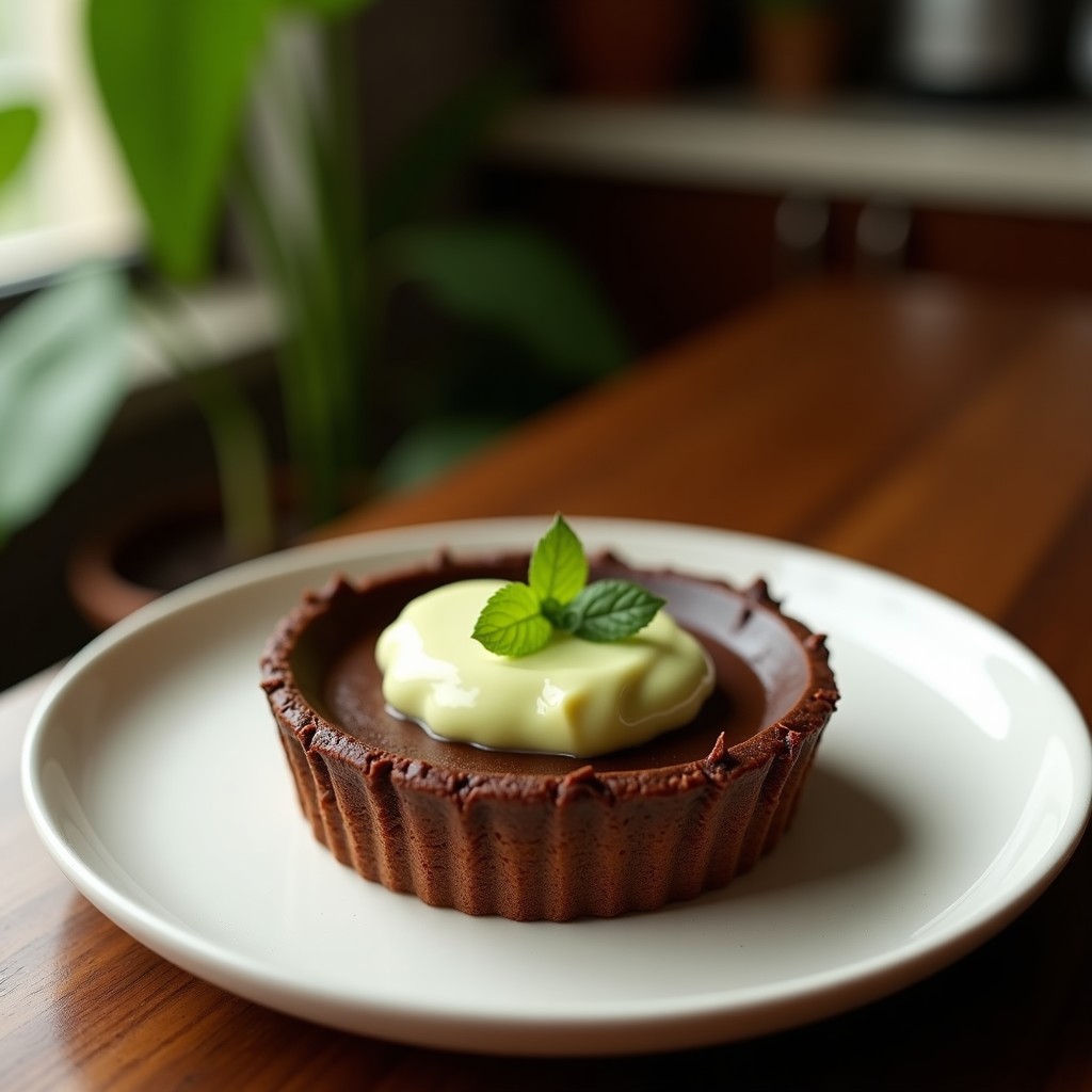 Tartaleta de chocolate 100% con base crujiente de almendra y relleno cremoso de aguacate, decorada con cacao en polvo y semillas de chía, sobre un plato blanco. Postre vegano keto sin azúcar.