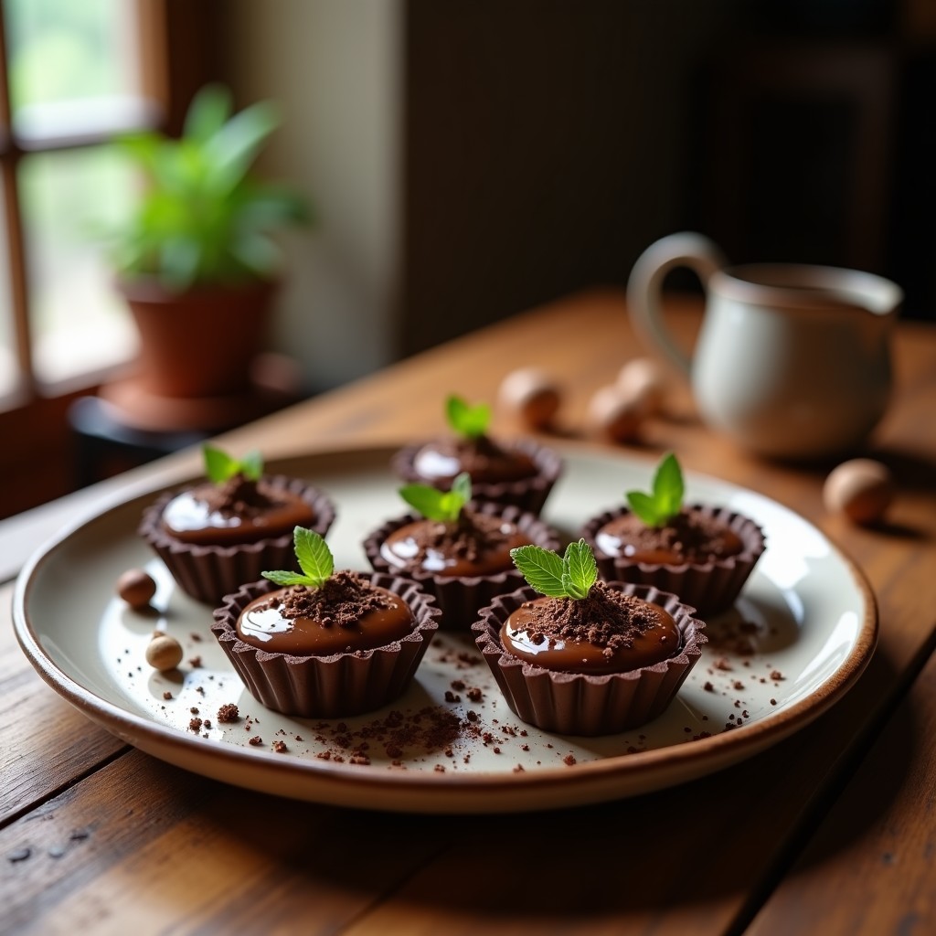 Tartaletas individuales de chocolate negro con base crujiente de avellanas y relleno cremoso de crema de avellanas, decoradas con virutas de chocolate, receta sin horno.
