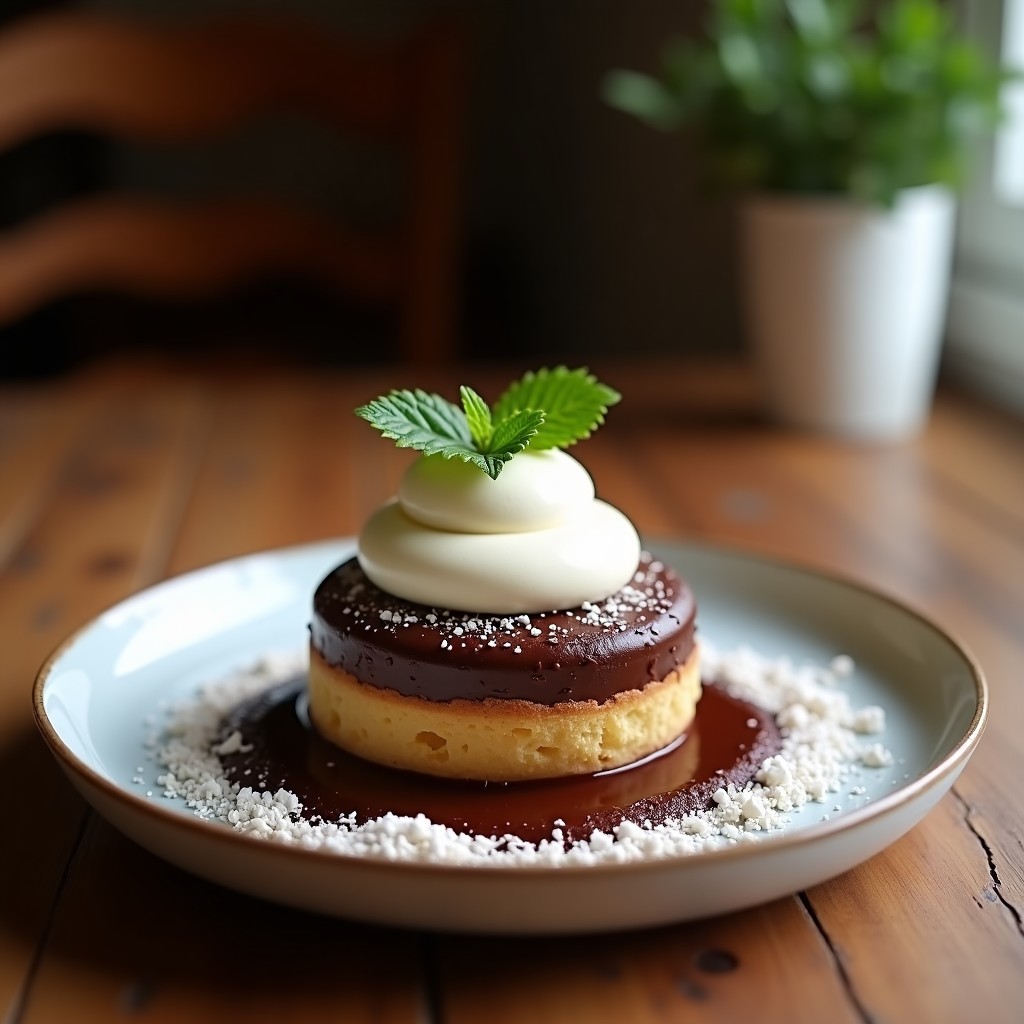 Tartaleta keto de chocolate negro y avellanas con crema de cacahuete en molde individual, base crujiente oscura y capa superior brillante de chocolate, decorada con semillas de chía sobre fondo rústico de madera.