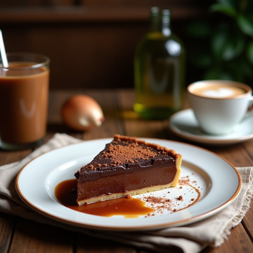 Tartaleta de chocolate negro con base crujiente de almendras y coco, rellena de crema de chocolate y café de hongos medicinales, decorada con semillas de chía y virutas de coco. Postre funcional sin azúcar sobre fondo rústico de madera.