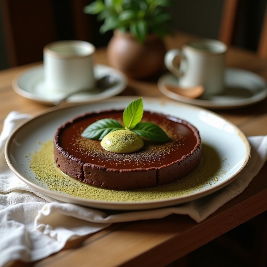 Tartaleta sin horno con base crujiente de almendras y cacao, rellena de crema de chocolate oscuro y matcha verde, decorada con virutas de chocolate negro sobre fondo rústico.
