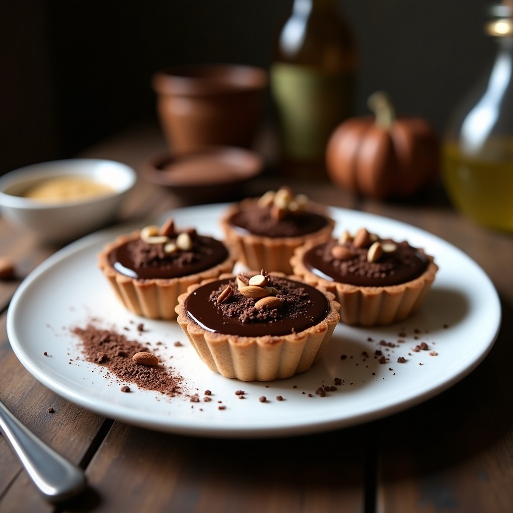 Tartaletas individuales de chocolate negro con superficie brillante, decoradas con almendras molidas y virutas de chocolate, sobre un plato de porcelana blanca con fondo oscuro.