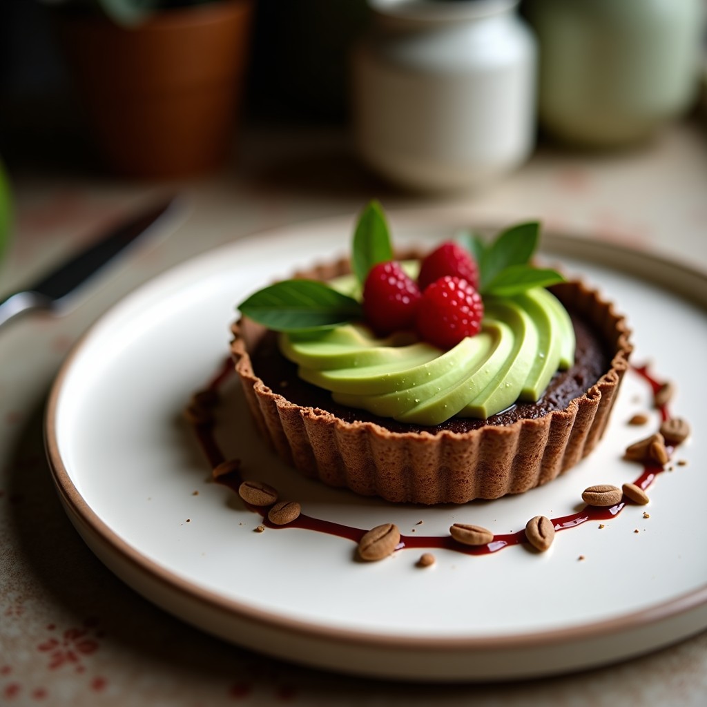 Tartaletas veganas de chocolate negro y aguacate sobre una mesa de madera, con base crujiente de almendras y crema brillante de chocolate, decoradas con virutas de cacao.