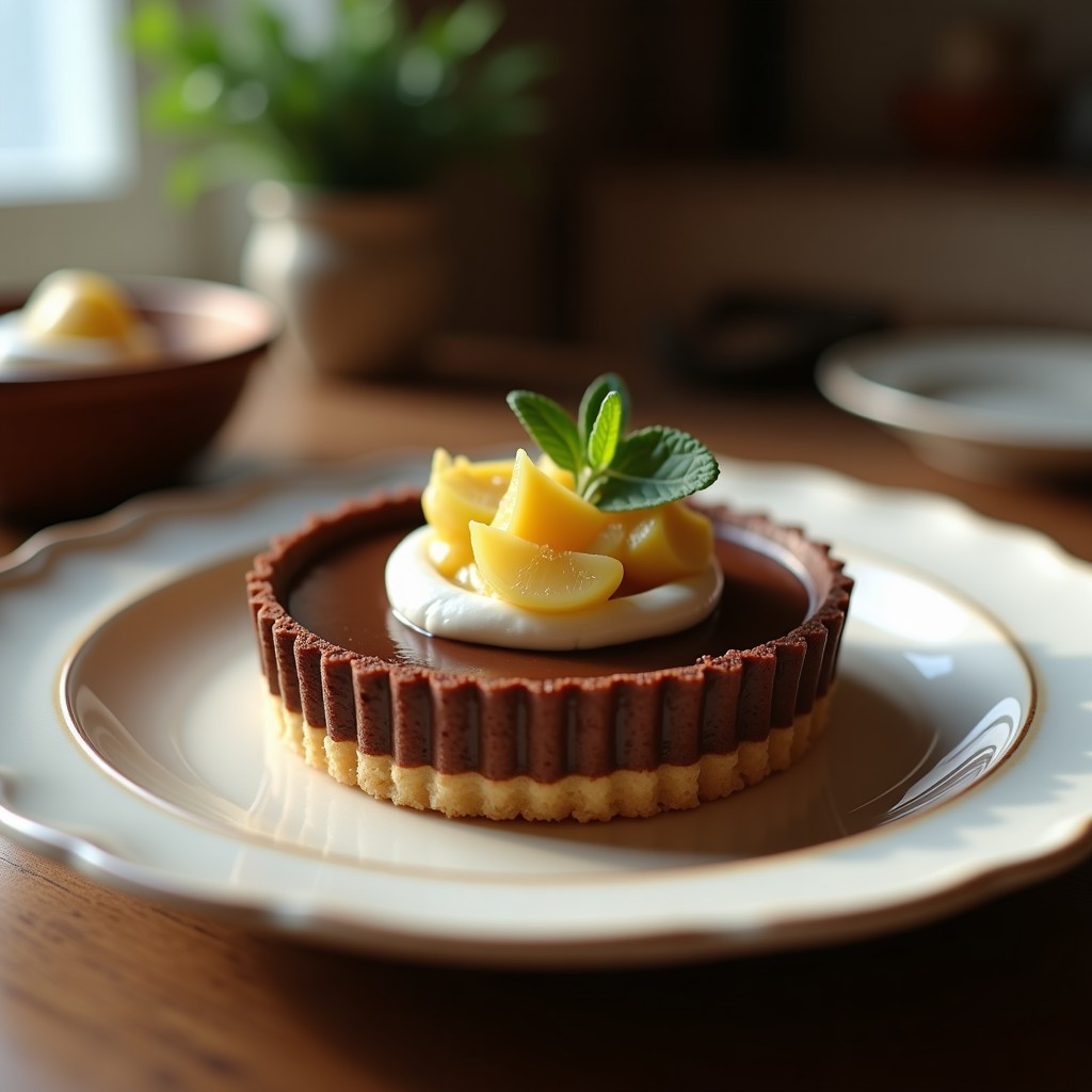 Tartaleta de chocolate negro con base crujiente de almendras, crema de coco batida y rodajas de pepino dulce decoradas con semillas de chía y hojas de menta.