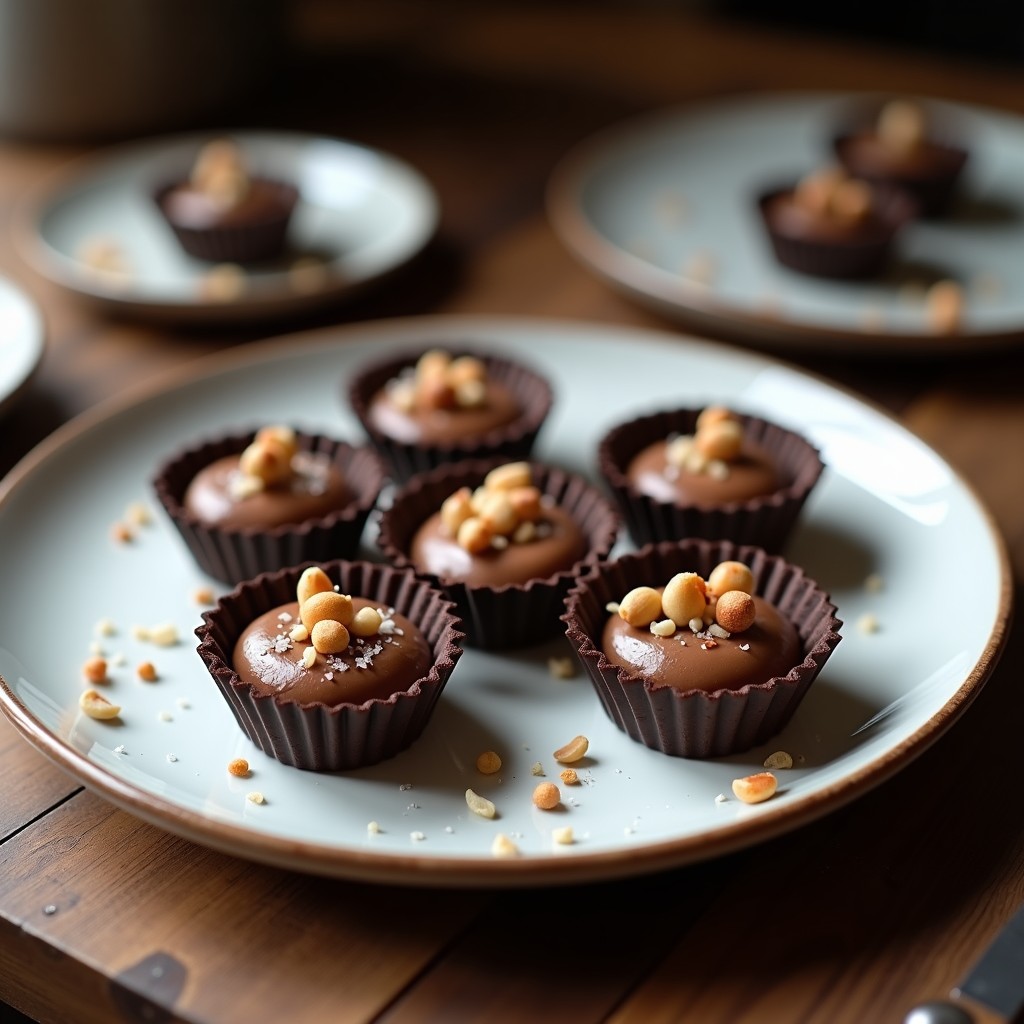 Tartaletas de chocolate negro con relleno cremoso de avellana, decoradas con avellanas tostadas picadas sobre un plato blanco rústico, receta fácil sin horno.