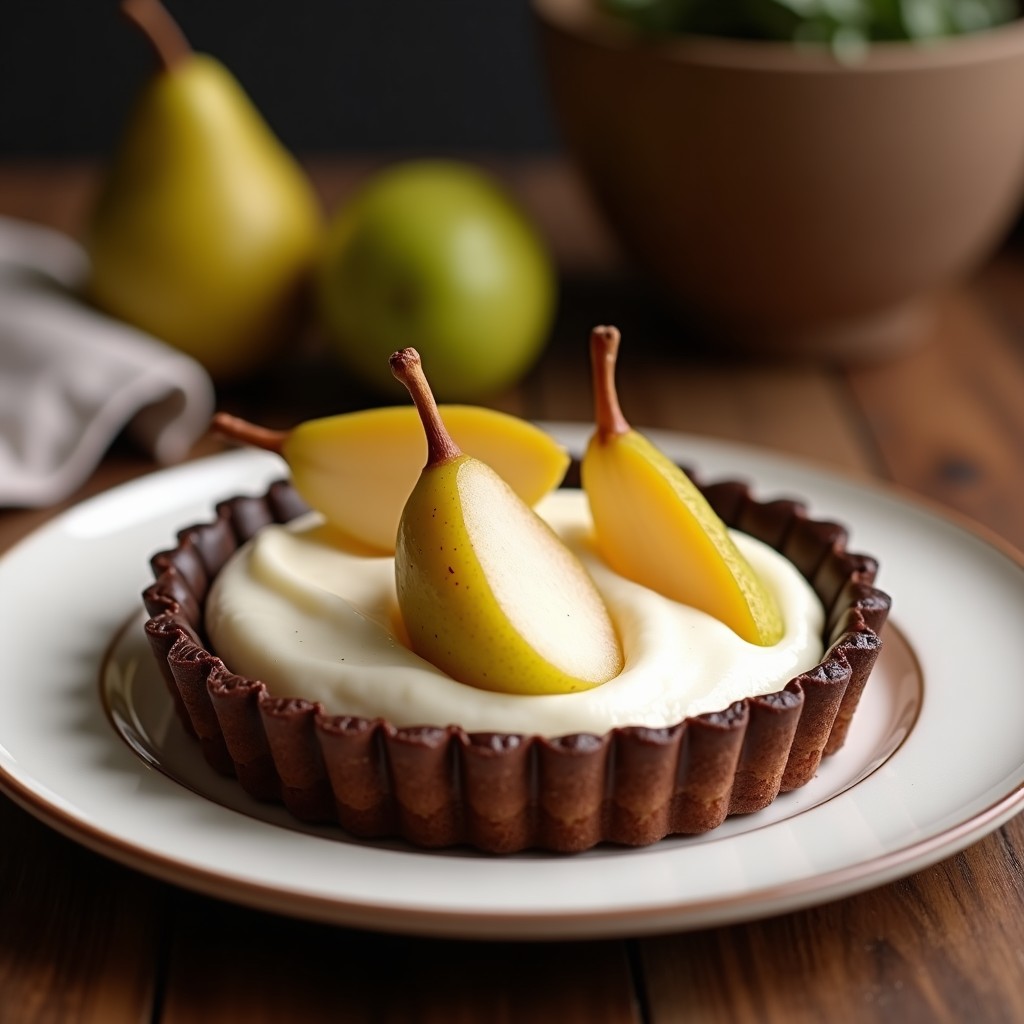 Tartaleta de chocolate negro y avena con relleno de pera caramelizada en vino blanco y crema de coco espesa, decorada con almendras tostadas y hoja de menta sobre fondo de madera rústica.