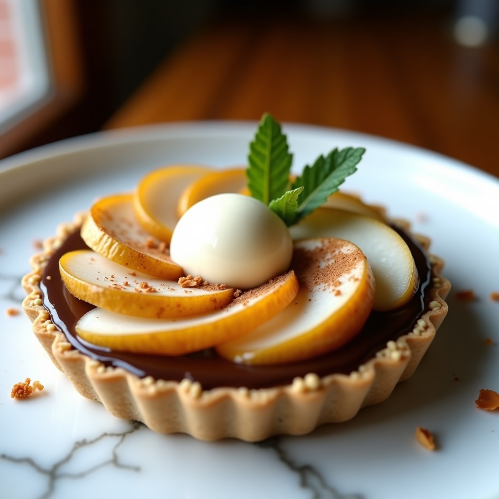 Tartaleta elegante sin horno con base crujiente de galleta, capas de chocolate negro brillante y mascarpone vegano cremoso, decorada con láminas de pera fresca, virutas de almendra tostada y un toque de canela. Postre vegano sofisticado y listo para servir.