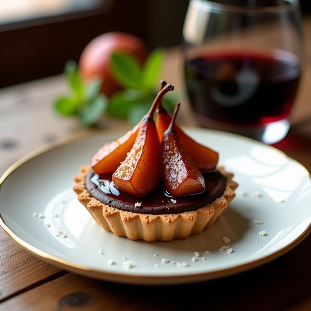 Tartaleta de Chocolate y Pera al Vino Tinto: Postre Francés Sin Horno en 20 Minutos