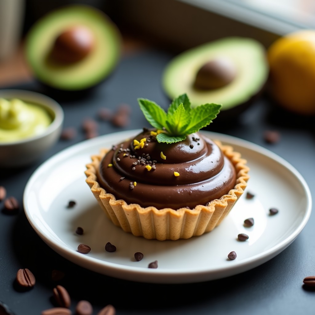 Tartaleta keto de chocolate y puré de aguacate ultracremosa, con base crujiente de almendra y decoración de ralladura de limón, servida en molde individual sobre fondo oscuro.