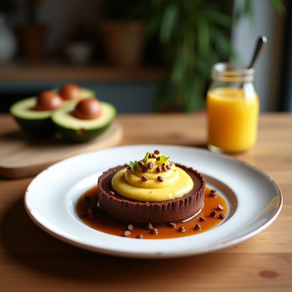 Tartaleta crudivegana con base dorada de semillas de girasol, rellena de cremoso puré de aguacate y chocolate negro, decorada con semillas y cacao en polvo, servida en plato blanco sobre fondo rústico.