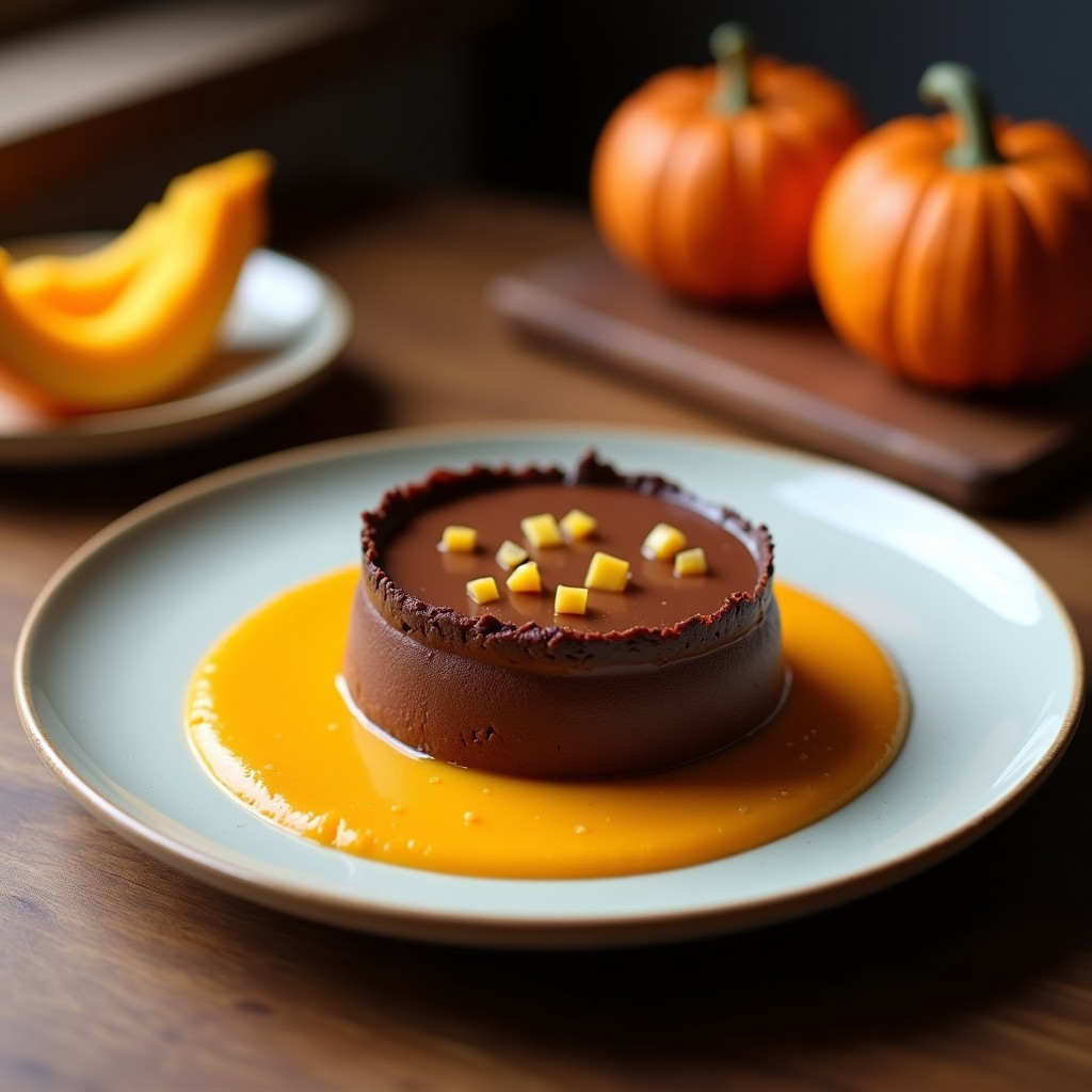 Tartaleta keto de chocolate negro 100% con relleno cremoso de puré de calabaza especiado, base crujiente de almendra y coco, decorada con coco rallado y canela en polvo sobre un plato blanco.