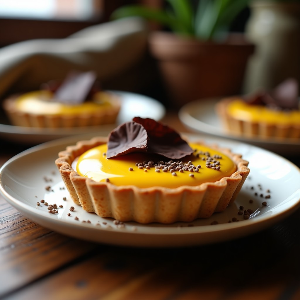 Tartaleta vegana de chocolate y queso de cúrcuma en molde individual, con base dorada de harina de almendra y dátiles, relleno cremoso amarillo dorado por la cúrcuma, y decoración de virutas de chocolate negro sobre fondo rústico de madera.