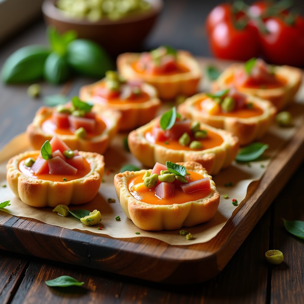 Tartaletas rectangulares de hojaldre ciprés rellenas de salmorejo cremoso, decoradas con pistachos tostados picados, huevo duro y jamón serrano, servidas en bandeja de madera rústica.