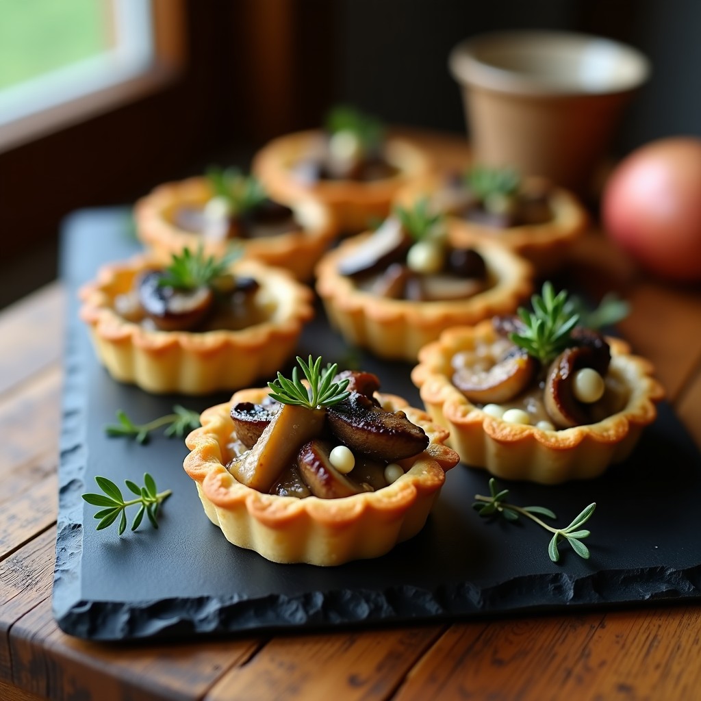 Tartaletas individuales de masa dorada rellenas de setas salteadas y queso de cabra, terminadas con aceite de trufa negra y tomillo fresco, receta gourmet.